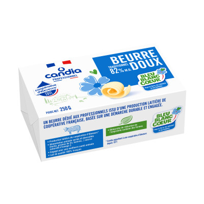 Beurre doux 82% mg  Bleu-Blanc-Cœur – plaquette 250g – Candia Professionnel