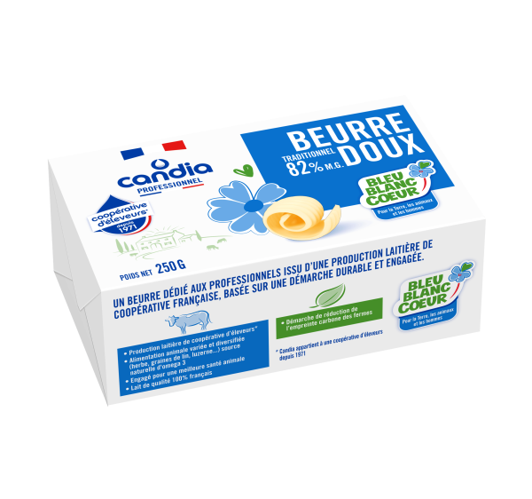 Beurre doux 82% mg  Bleu-Blanc-Cœur &#8211; plaquette 250g &#8211; Candia Professionnel