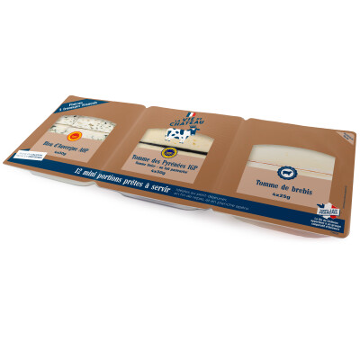 Assortiment 3 fromages Bleu d’Auvergne AOP, Tomme des Pyrénées IGP et Tomme de brebis &#8211; 4x25g et 8x30g &#8211; La Vie de Château