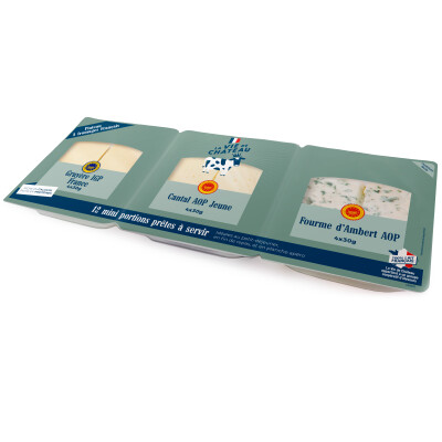 Assortiment 3 fromages Gruyère IGP France, Cantal AOP Jeune et Fourme d&rsquo;Ambert AOP &#8211; La Vie de Château