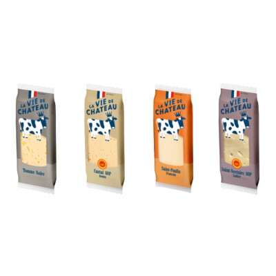 Colis panaché Saint-Paulin Français, Tomme noire, Cantal AOP Jeune et Saint-Nectaire AOP Laitier-100 x 25 – La Vie de Château